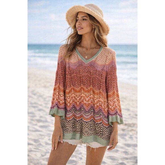 Soft Surroundings Tops - SOFT SURROUNDINGS Knit Crochet Tunic Sweater Rainbow Vacation Beach Boho Chic SP